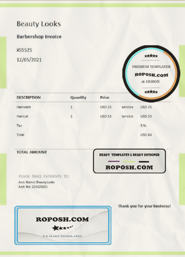 USA Beauty Looks invoice template in Word and PDF format, fully editable