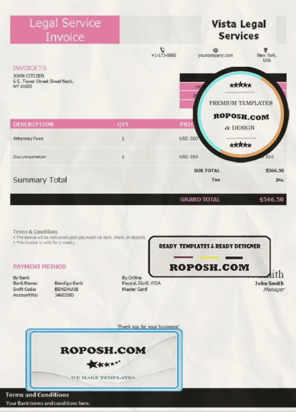 USA Vista Legal Services invoice template in Word and PDF format, fully editable