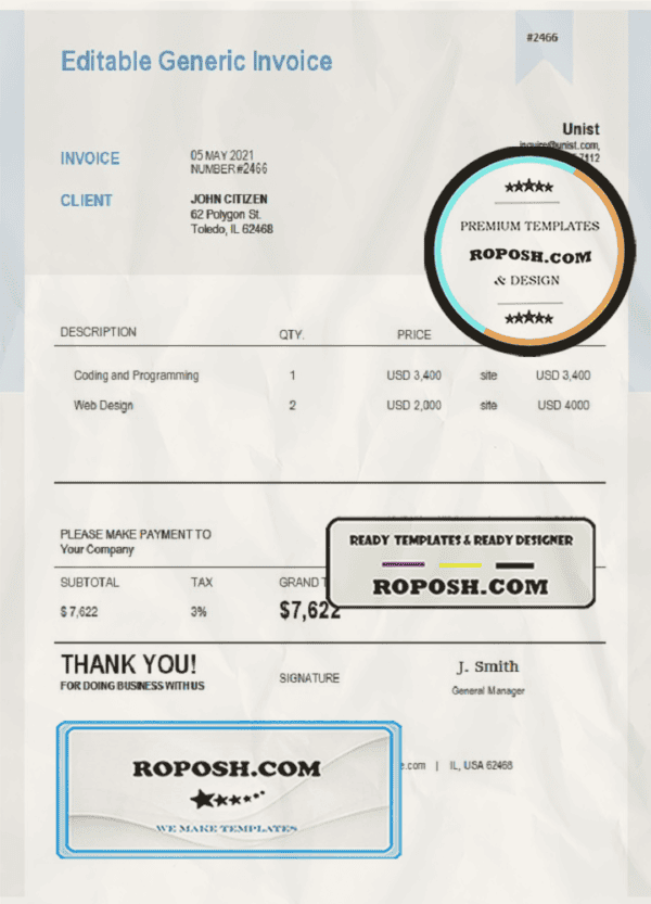 USA Unist invoice template in Word and PDF format, fully editable