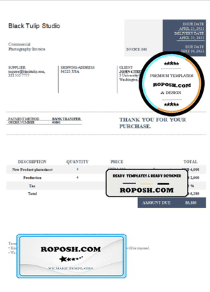 USA Black Tulip Studio invoice template in Word and PDF format, fully editable