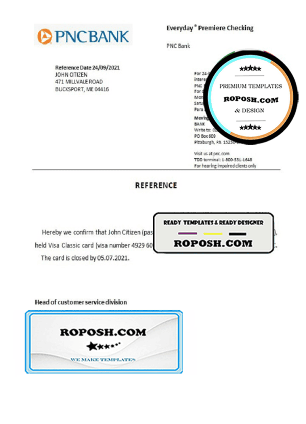 USA PNC Bank bank account closure reference letter template in Word and PDF format