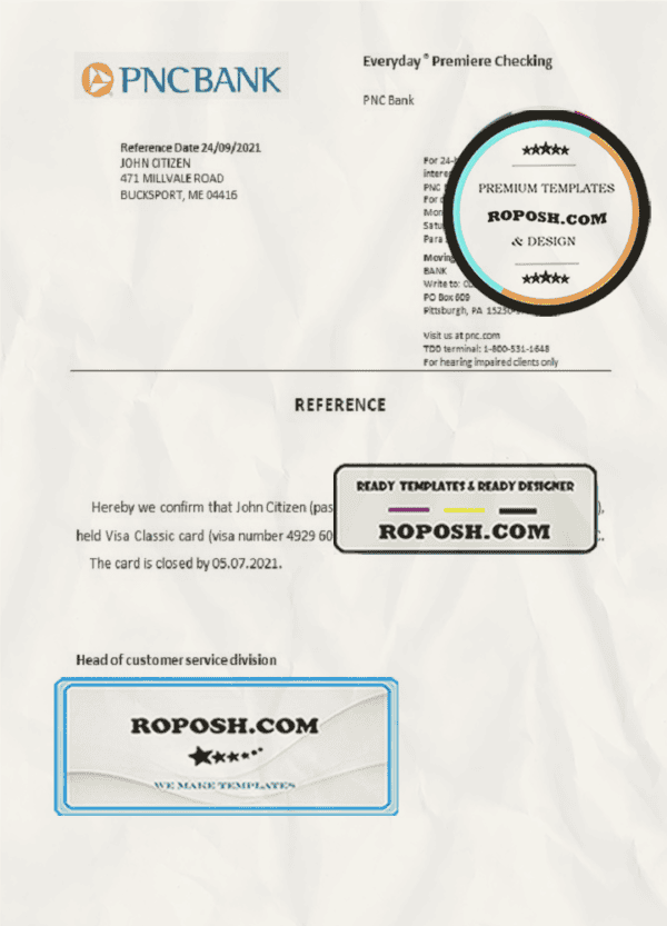 USA PNC Bank bank account closure reference letter template in Word and PDF format