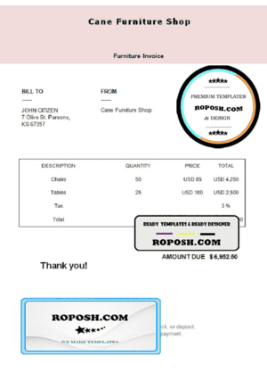 USA Cane Furniture Shop invoice template in Word and PDF format, fully editable