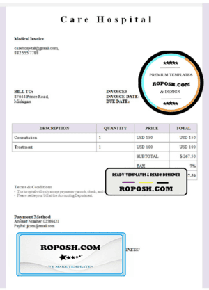 USA Care Hospital invoice template in Word and PDF format, fully editable