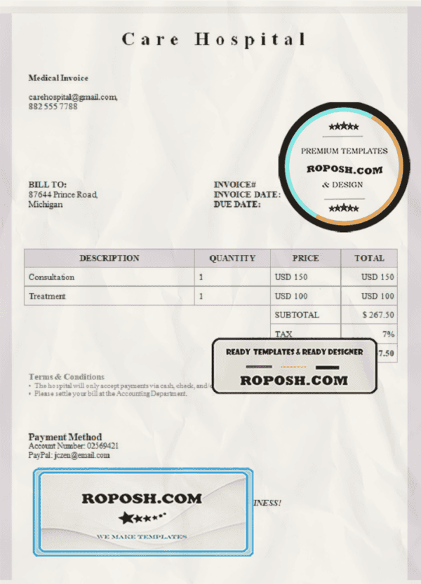USA Care Hospital invoice template in Word and PDF format, fully editable