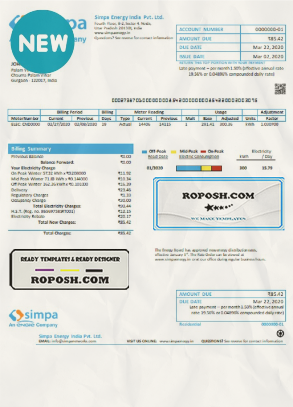 India Simpa Energy India Pvt. Ltd utility bill template in Word and PDF format scan effect
