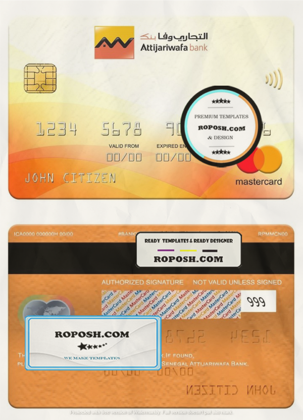 Senegal Attijariwafa Bank mastercard, fully editable template in PSD format scan effect
