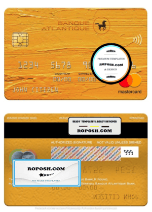 Senegal Banque Atlantique Bank mastercard, fully editable template in PSD format