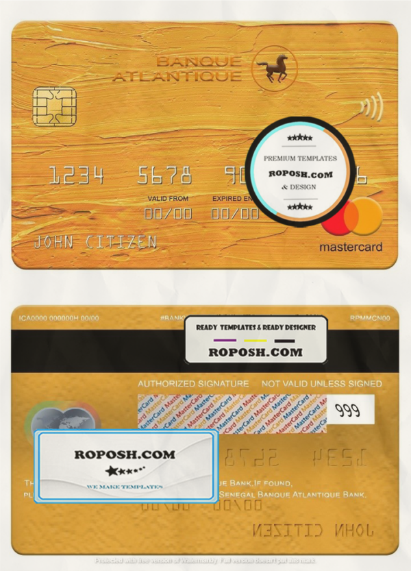 Senegal Banque Atlantique Bank mastercard, fully editable template in PSD format scan effect