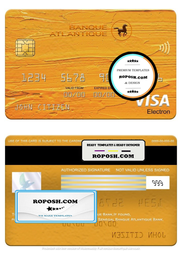 Senegal Banque Atlantique Bank visa electron card, fully editable template in PSD format