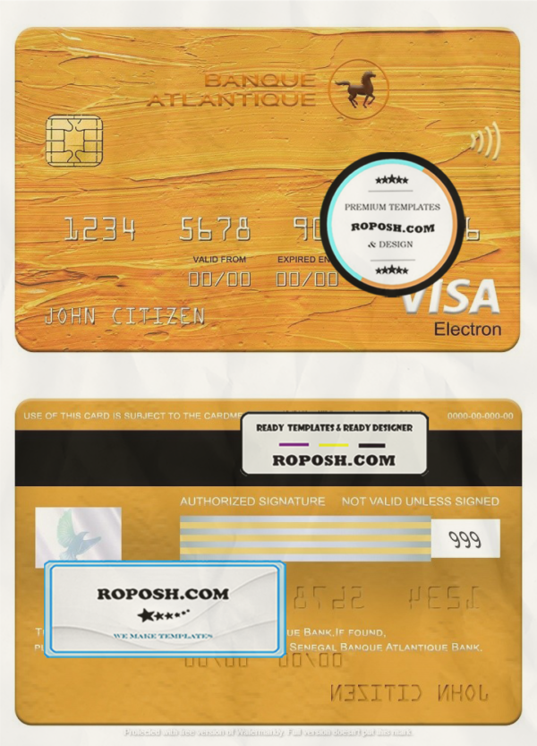 Senegal Banque Atlantique Bank visa electron card, fully editable template in PSD format scan effect