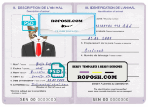 Senegal cat (animal, pet) passport PSD template, fully editable
