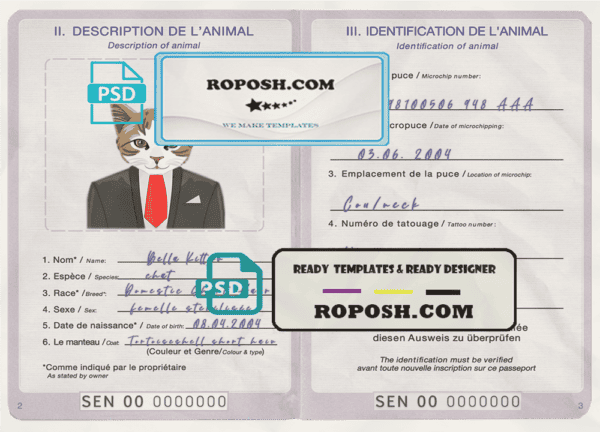 Senegal cat (animal, pet) passport PSD template, fully editable
