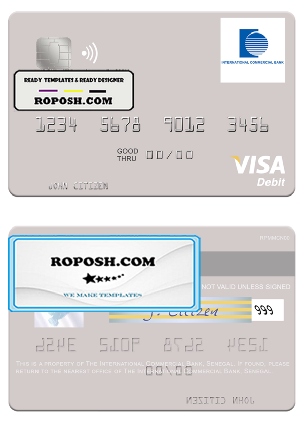 Senegal The International Commercial Bank visa debit card template in PSD format