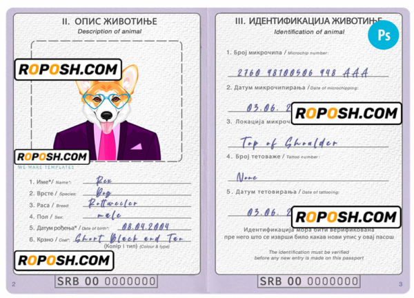 Serbia dog (animal, pet) passport PSD template, completely editable