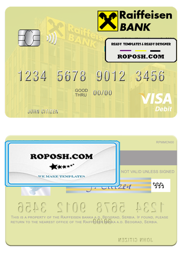 Serbia Raiffeisen banka a.d. Beograd visa debit card template in PSD format