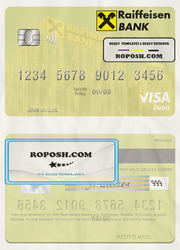 Serbia Raiffeisen banka a.d. Beograd visa debit card template in PSD format scan effect