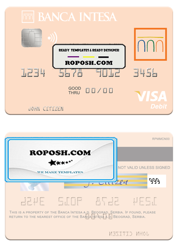 Serbia The Banca Intesa a.d. Beograd visa debit card template in PSD format