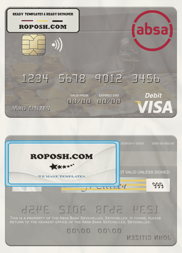 Seychelles Absa Bank Seychelles visa debit card template in PSD format