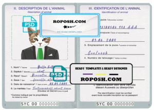 Seychellas cat (animal, pet) passport PSD template, fully editable