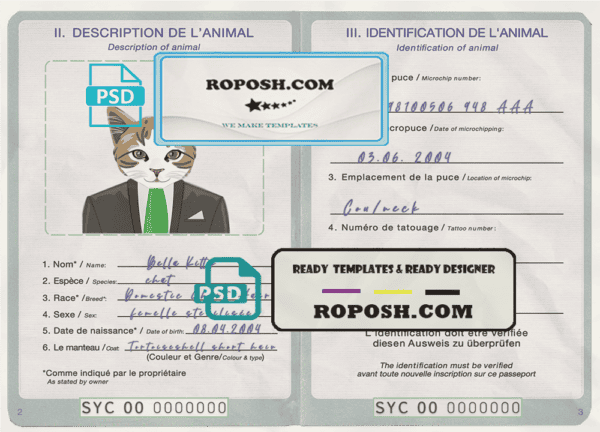 Seychellas cat (animal, pet) passport PSD template, fully editable