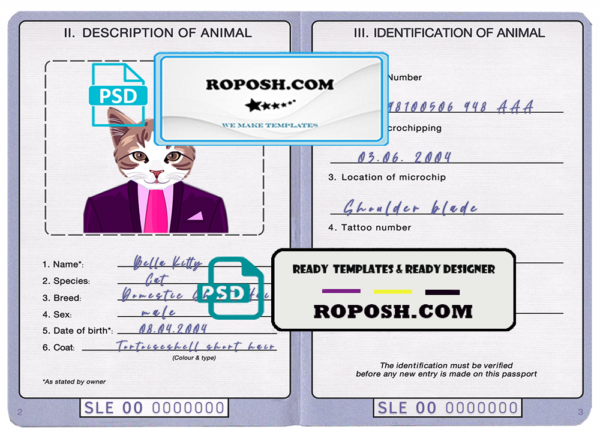 Sierra Leone cat (animal, pet) passport PSD template, fully editable