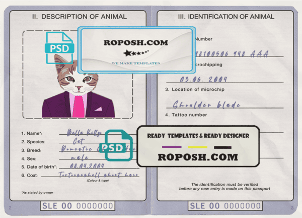 Sierra Leone cat (animal, pet) passport PSD template, fully editable