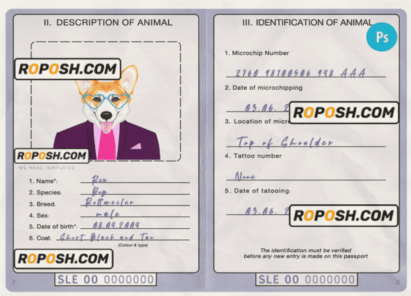 Sierra Leone dog (animal, pet) passport PSD template, fully editable