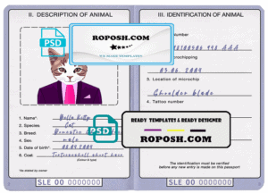 Singapore cat (animal, pet) passport PSD template, fully editable