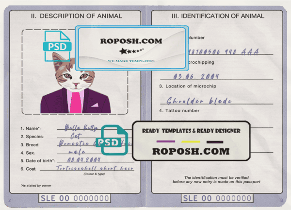Singapore cat (animal, pet) passport PSD template, fully editable