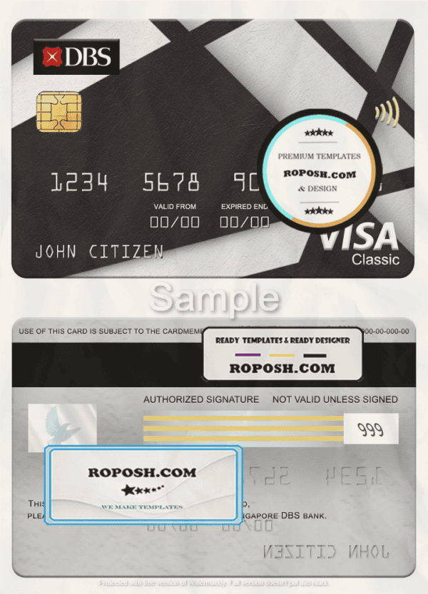 Singapore DBS bank visa classic card, fully editable template in PSD format