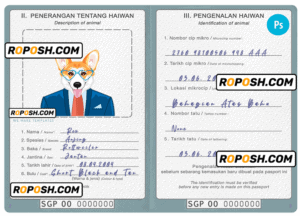 Singapore dog (animal, pet) passport PSD template, fully editable