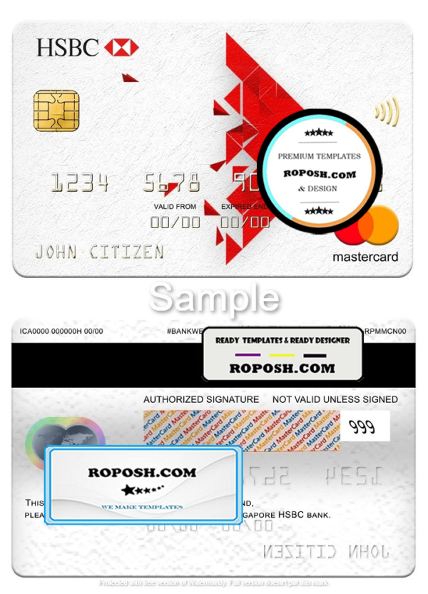 Singapore HSBC bank mastercard, fully editable template in PSD format