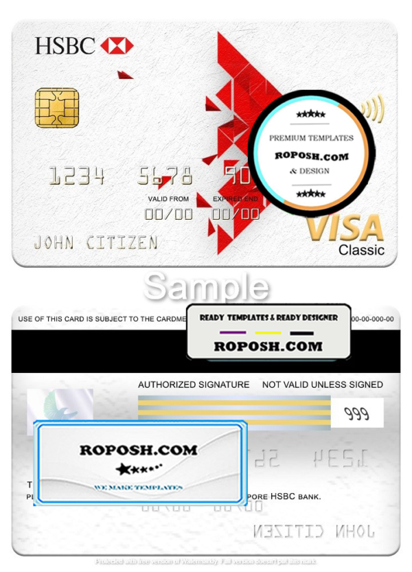 Singapore HSBC bank visa classic card, fully editable template in PSD format