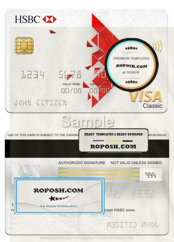 Singapore HSBC bank visa classic card, fully editable template in PSD format scan effect