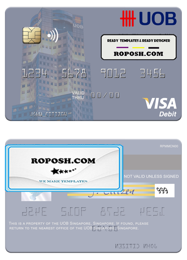Singapore UOB Singapore visa debit card template in PSD format