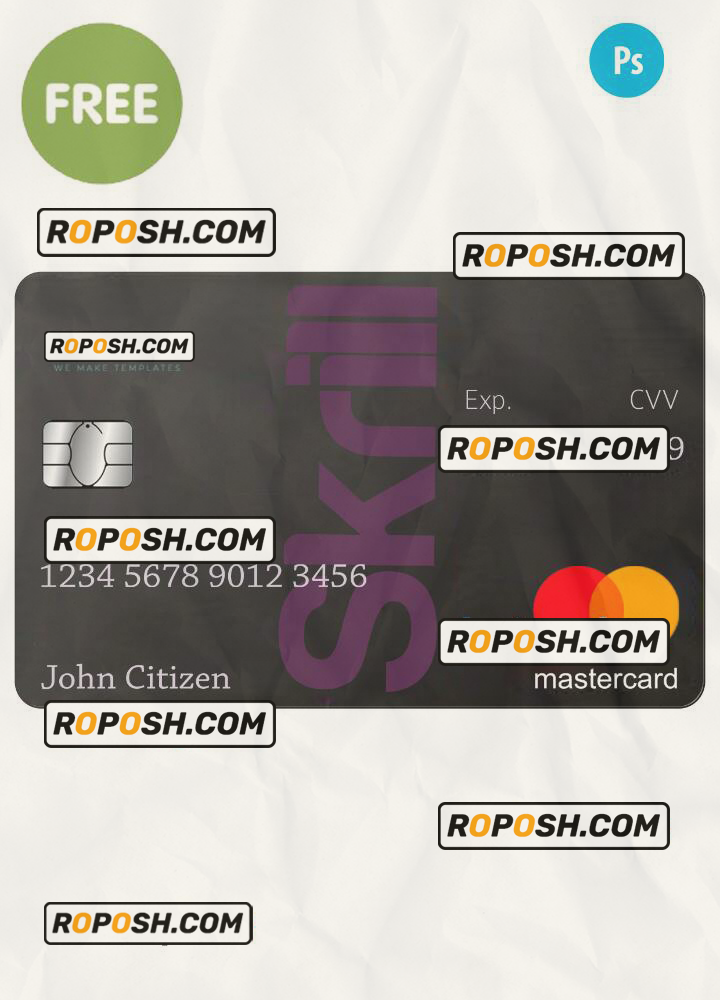 Skrill Mastercard Debit card template in PSD format, fully editable scan effect