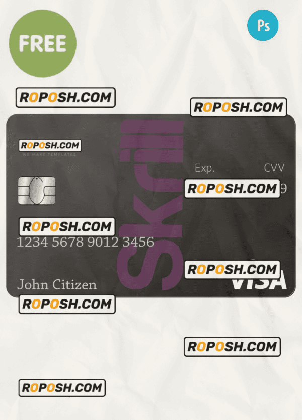 Skrill Visa Debit card template in PSD format, completely editable
