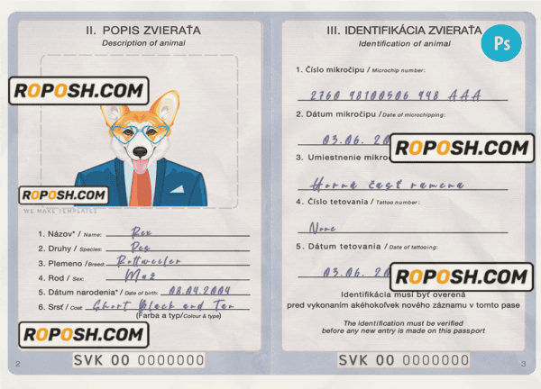 Slovakia dog (animal, pet) passport PSD template, fully editable