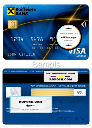 Slovakia Raiffeisen Bank visa classic card, fully editable template in PSD format