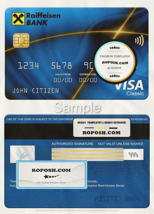 Slovakia Raiffeisen Bank visa classic card, fully editable template in PSD format