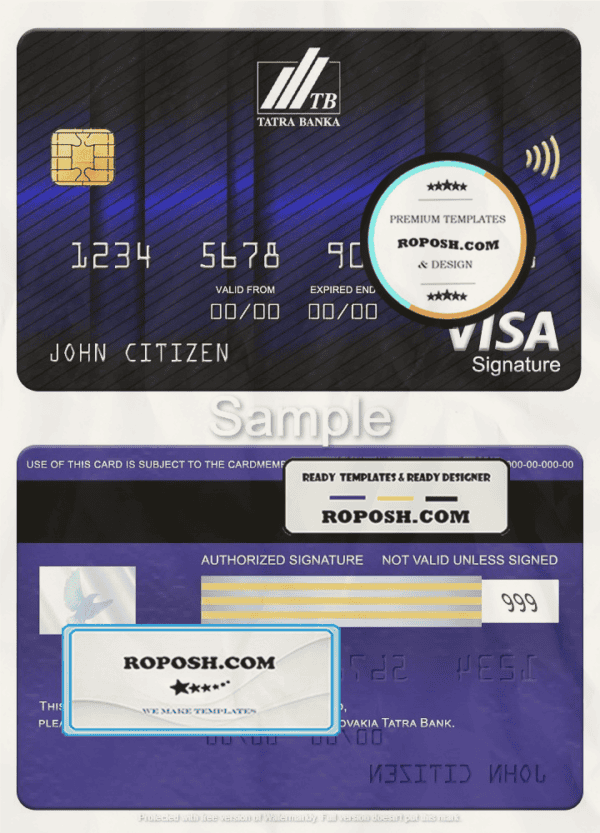 Slovakia Tatra Bank visa signature card, fully editable template in PSD format