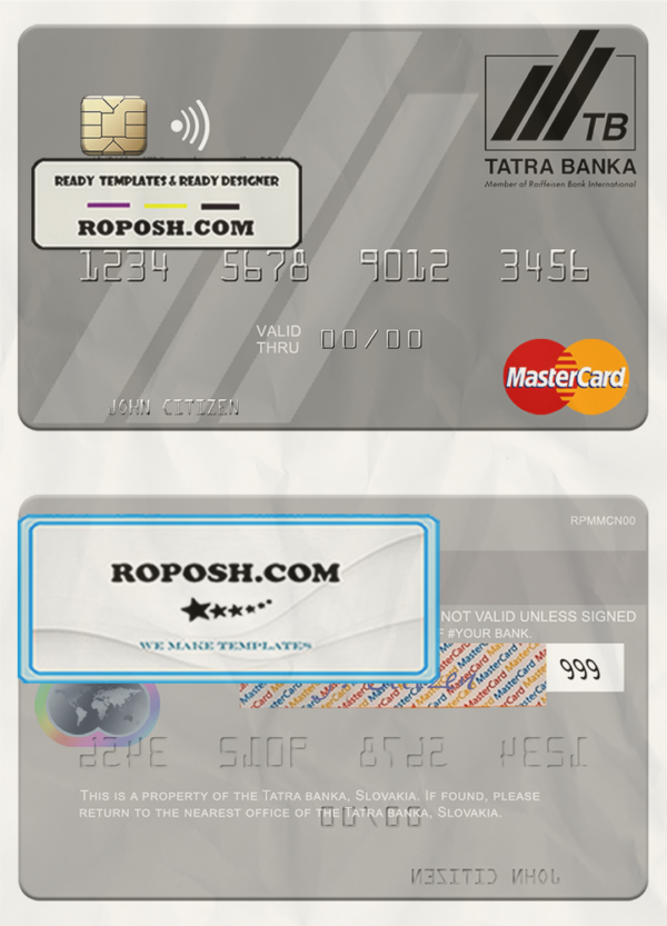 Slovakia Tatra Banka mastercard template in PSD format scan effect