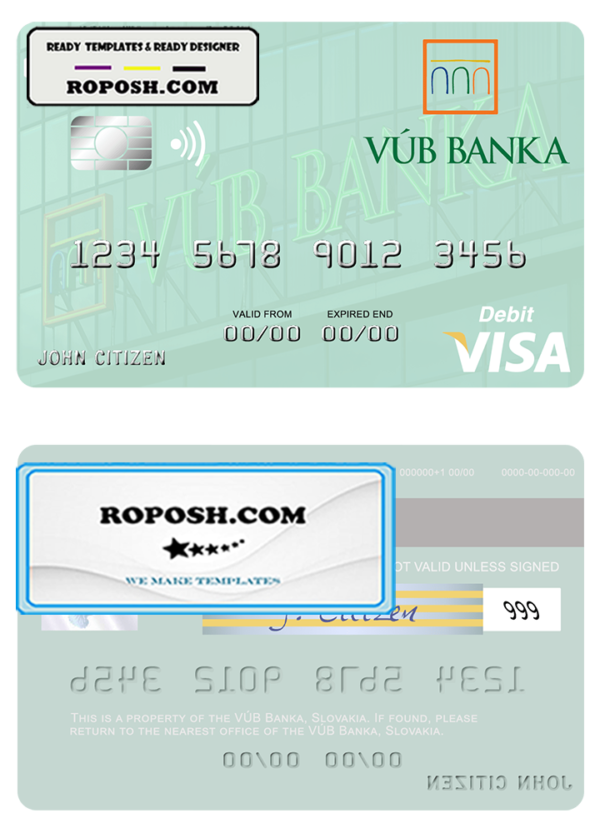 Slovakia VÚB Banka visa debit card template in PSD format