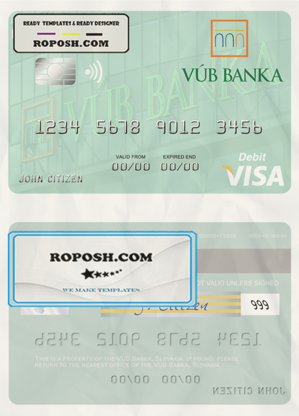 Slovakia VÚB Banka visa debit card template in PSD format scan effect