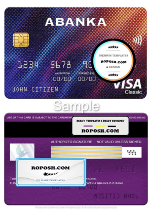 Slovenia Abanka d.d bank visa classic card, fully editable template in PSD format