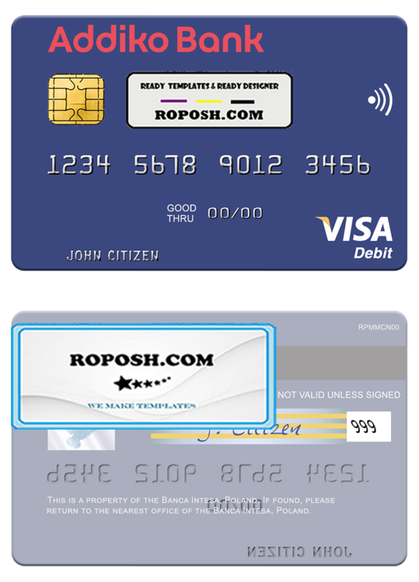 Slovenia Addiko Bank visa debit card template in PSD format