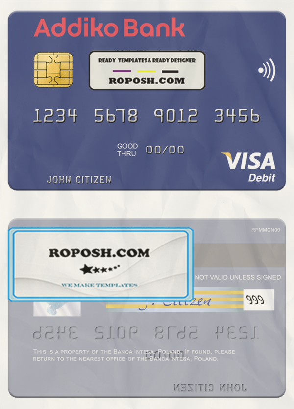 Slovenia Addiko Bank visa debit card template in PSD format scan effect