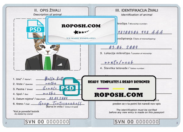 Slovenia cat (animal, pet) passport PSD template, fully editable