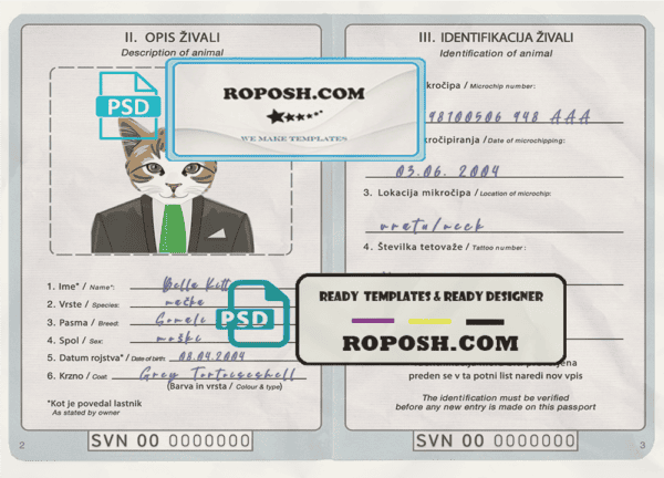 Slovenia cat (animal, pet) passport PSD template, fully editable